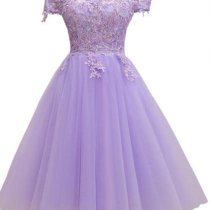 Homecoming Dresses,off Shoulder Purple Tulle Lace..