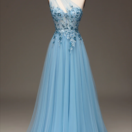 Prom Dresses, Light Blue A-line One Shoulder..