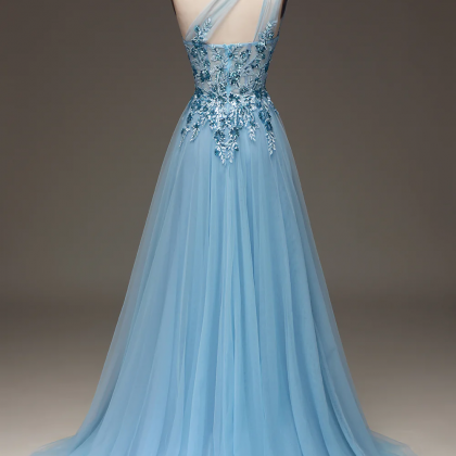 Prom Dresses, Light Blue A-line One Shoulder..