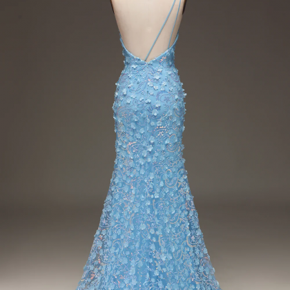 Prom Dresses, Light Blue Mermaid One Shoulder Side..