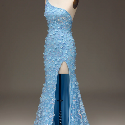 Prom Dresses, Light Blue Mermaid One Shoulder Side..