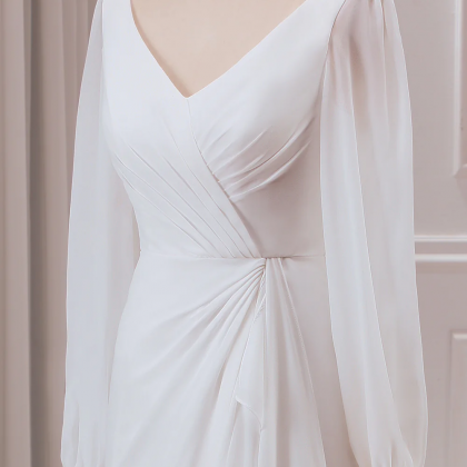 Prom Dresses, Ivory V-neck Long Sleeves A-line..