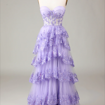 Prom Dresses, Lavender Strapless Tiered Tulle..