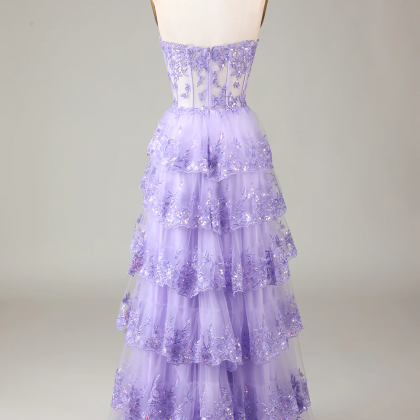 Prom Dresses, Lavender Strapless Tiered Tulle..