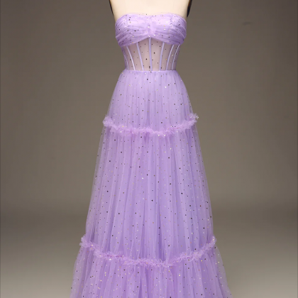 Prom Dresses, Tulle Strapless Purple Corset Prom..