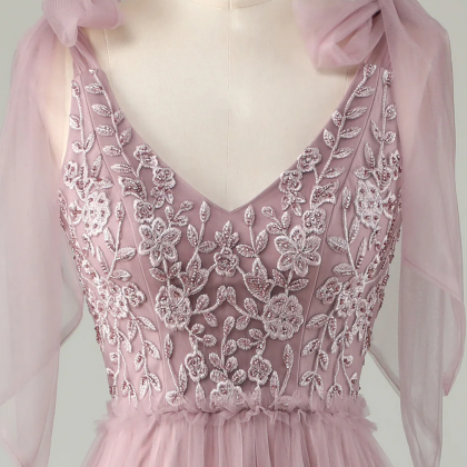 Prom Dresses, Tulle V-neck Dusty Pink Bridesmaid..