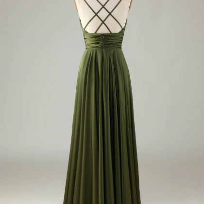 Prom Dresses, A-line Sleeveless Olive Long..