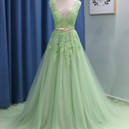 Prom Dresses,sexy V-neck Mint Green Tulle Lace..