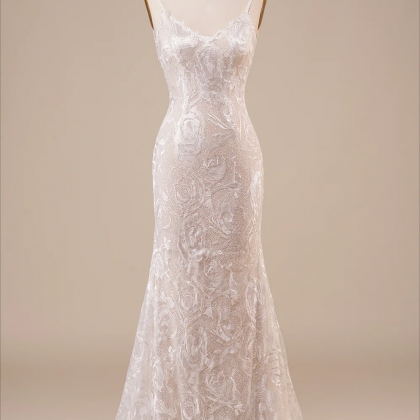 Prom Dresses, Backless Lace Ivory Wedding Dress..
