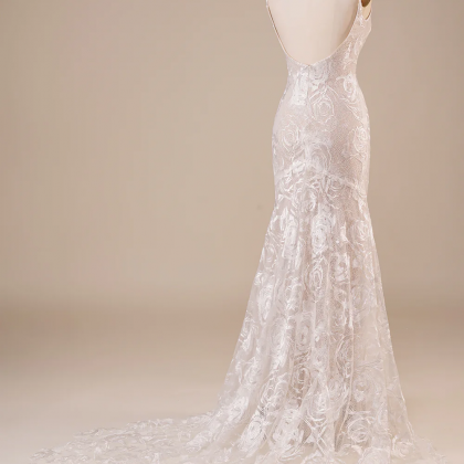 Prom Dresses, Backless Lace Ivory Wedding Dress..