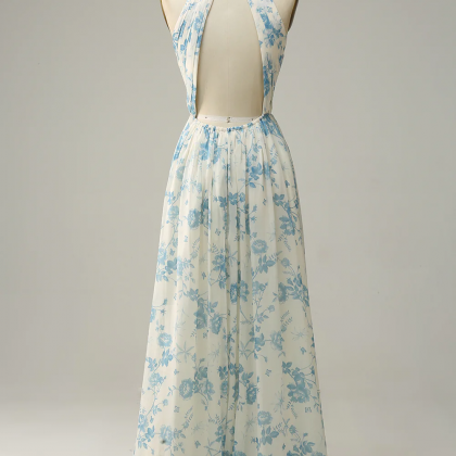 Prom Dresses, Blue Floral Boho Long Chiffon..