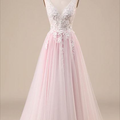 Prom Dresses, Pink A-line Tulle Sweep Train..