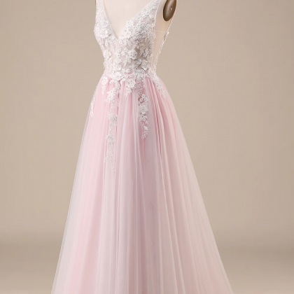 Prom Dresses, Pink A-line Tulle Sweep Train..