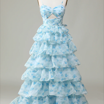 Prom Dresses, Spaghetti Straps Cut Out Tiered Blue..