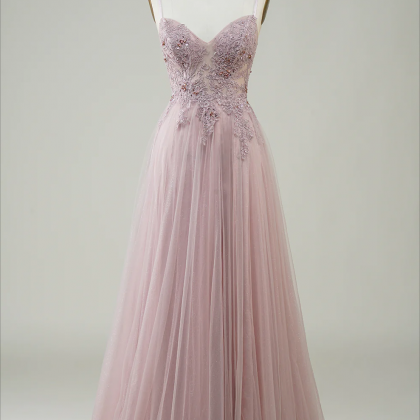 Prom Dresses, Sparkly Blush A-line Tulle Long Prom..