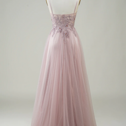 Prom Dresses, Sparkly Blush A-line Tulle Long Prom..