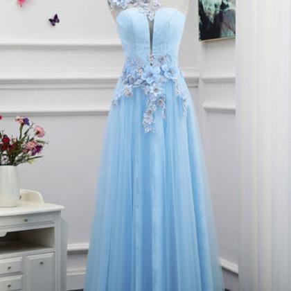 Prom Dresses,blue Tulle Prom Dress, Floor Length..