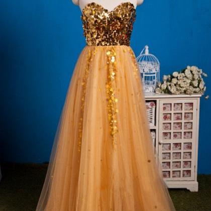Prom Dresses, Gold Strapless Sequined Ball Gowns,..