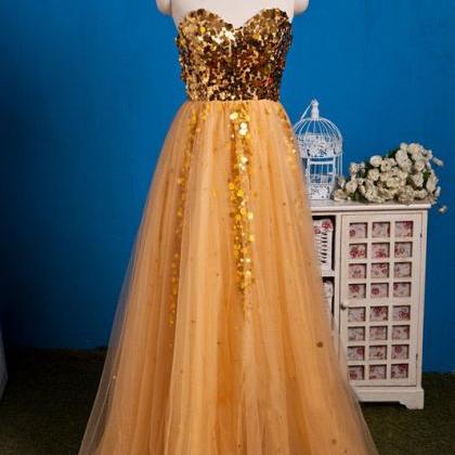 Prom Dresses, Gold Strapless Sequined Ball Gowns,..