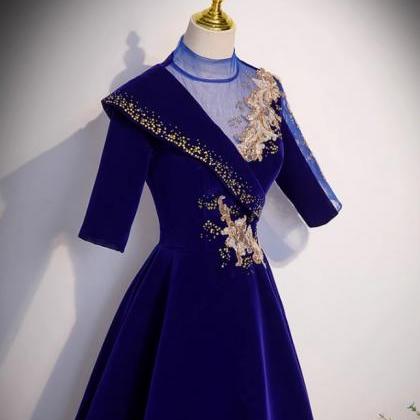 Prom Dresses,noble Elegant Blue Velvet High Neck..