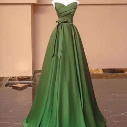 Prom Dresses, French Vintage Green Satin Strapless..