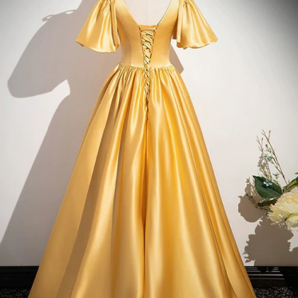 Half Sleeves V Neck Satin Long Prom Dress main image 1