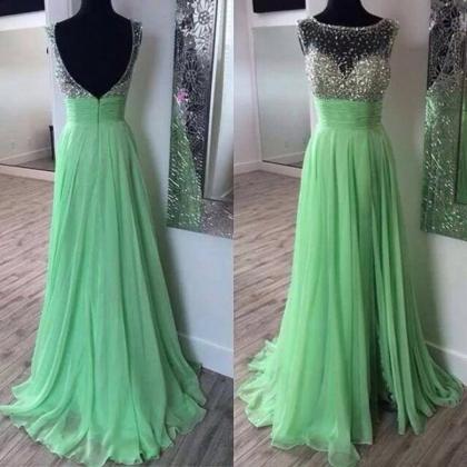Full Length Green Sexy Split Prom Dress,illusion..