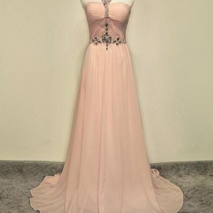 Blush Pink Halter Ruched Beaded A-line Chiffon..
