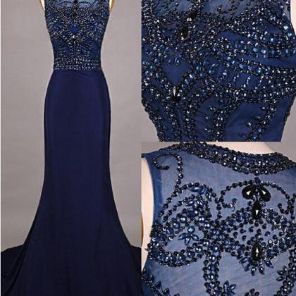 Navy Blue Prom Dresses,elegant Evening..