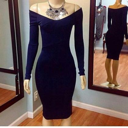 Jersey Fitted Navy Blue Off The Shoulder Long..