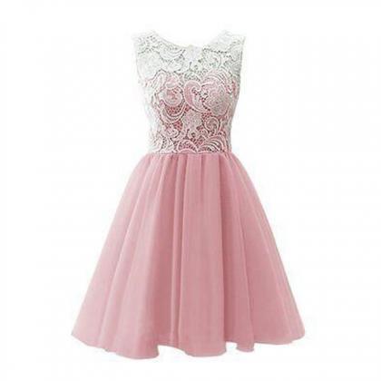 Pink Short A-line Evening Dress Featuring Lace..