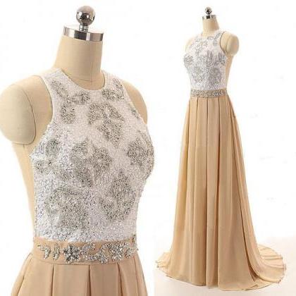 Champagne Floor Length Chiffon A-line Pleated Prom..