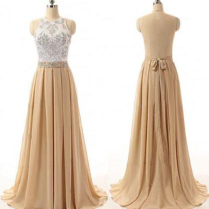 Champagne Floor Length Chiffon A-line Pleated Prom..