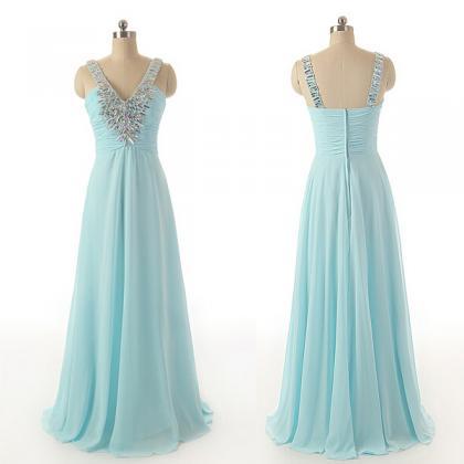 Blue Chiffon Floor Length A-line Prom Dress..