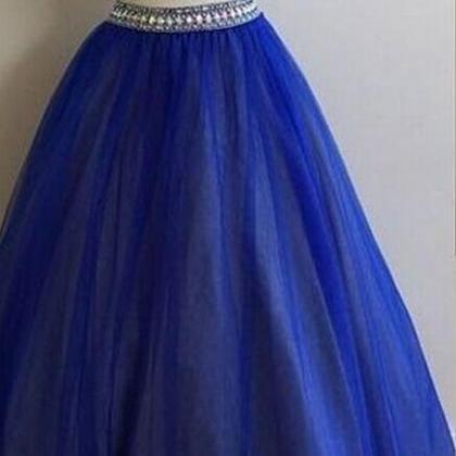Sexy Long Prom Dress, Blue Round Neck Tulle Sequin..