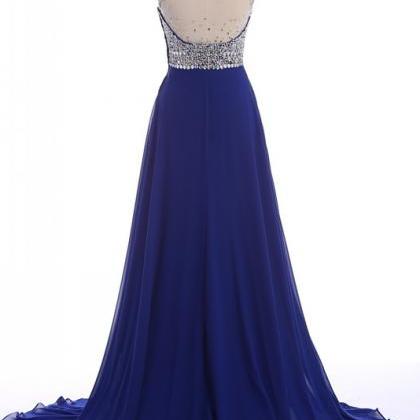 Elegant Royal Blue Beading Sleeveless Prom..