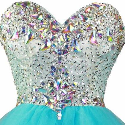 Crystal Luxury Blue Tulle Prom Dress,beaded Above..