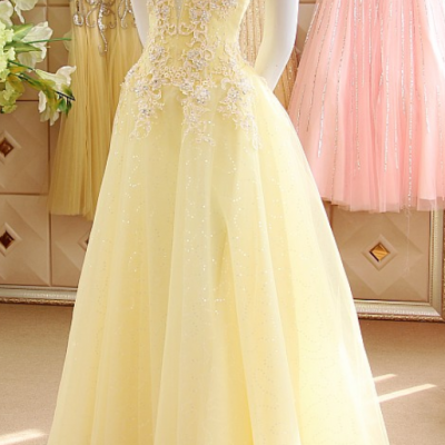  Pastel Yellow Cap Sleeves Sequined Tulle Prom Dresses,Sexy V Neck Beads Appliques Long Party Dresses