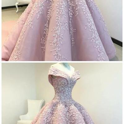 Off the Shoulder Ball Gown Pink Long Prom Dress with Appliques
