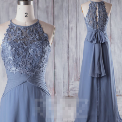 Steel Blue Chiffon Boho Bridesmaid Dress, Sweetheart Illusion Wedding Dress, Bow Back Prom Dress, Lace Evening Gown Floor Length