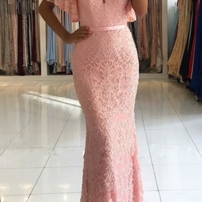 Gorgeous Pink Lace Mermaid Evening Dresses Vestidos de fiesta Floor Length V Neck Low Back with Belt Women Occasion Party Prom Gowns