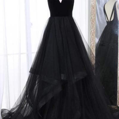 Simple black tulle v neck long prom dress, black evening dress