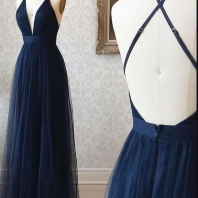 A Line V Neck Navy Blue Backless Prom Dresses, Dark Navy Blue Backless Tulle Evening Formal Dresses 