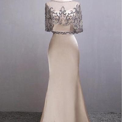 Modest Stretch Satin & Tulle Spaghetti Straps Neckline Sheath/Column Evening Dresses With Beaded Embroidery & Detachable Jacket 