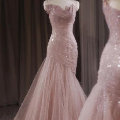 Evening dresses female fishtail niche light luxury high-end temperament host pink dresses senior engagement dress