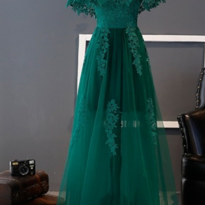 Prom Dresses,Charming Green A-line Lace Tulle Prom Dress Elegant Evening Dress
