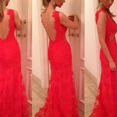 Charming Prom Dress RED V-Neck Prom Dress Lace PARTY Dress Backless EVENING Dress Mermaid Prom Dress