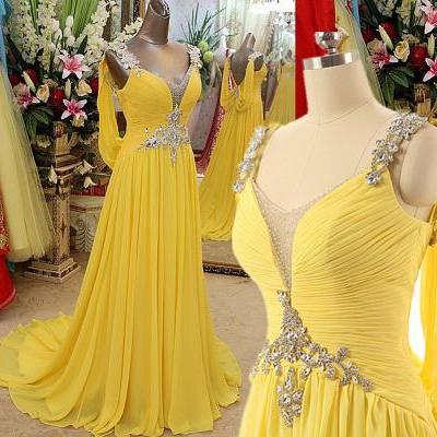 Long Prom Dress,Chiffon Prom Dress,2017 Prom Dress,Sequin Prom Dress,Beaded Prom Dress,Yellow Prom Dress,Fashion Prom Dress,Sexy Prom Dress