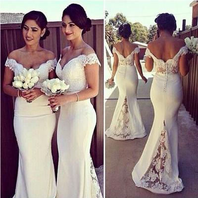 Long Bridesmaid Dress, White Bridesmaid Dress, Cheap Bridesmaid Dress, Lace Bridesmaid Dress, Elegant Bridesmaid Dress, Off Shoulder Bridesmaid Dress