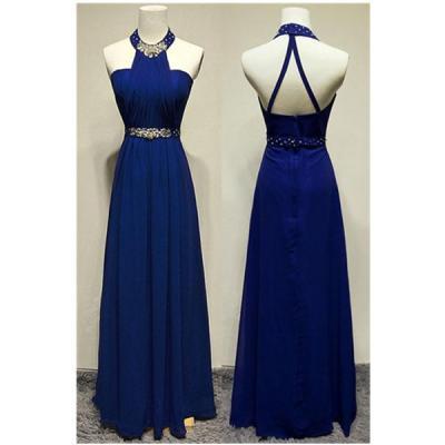 Royal Blue Halter Beaded Long Prom Dresses,A-line Chiffon Evening Dresses,Party Prom Dresses,Prom Dress,Evening Gowns On Sale